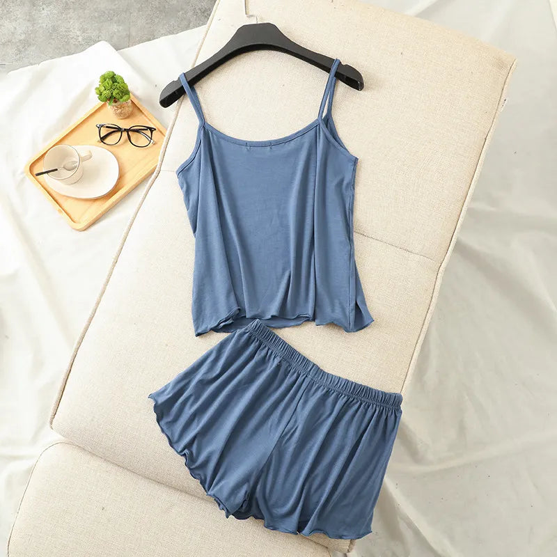 Summer new modal camisole  pajamas two-piece set thin loose shorts multicolor large size pajamas