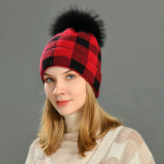 Womens Warm Winter Knit Beanie ,Check Pattern Wool Hats, New Casual Fur Ball  Ski Outdoor ,Skullies Beanies Hat