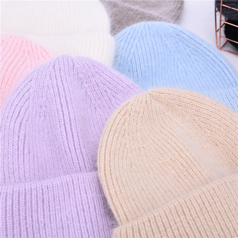 Women's Hat Real Rabbit Fur, Beanie Ladies Autumn Winter ,Cashmere Hats ,Three Fold Thick Knitted,Girls Skullies Beanies Cap