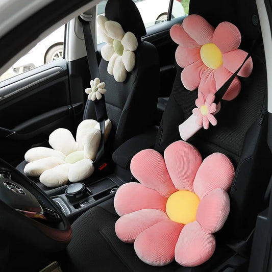 Sun Flower Car Neck Pillow Cute Pink Seat Back Headrest Lumbar Support Pillow for Women Girly Cartoon Seat Belt Cover