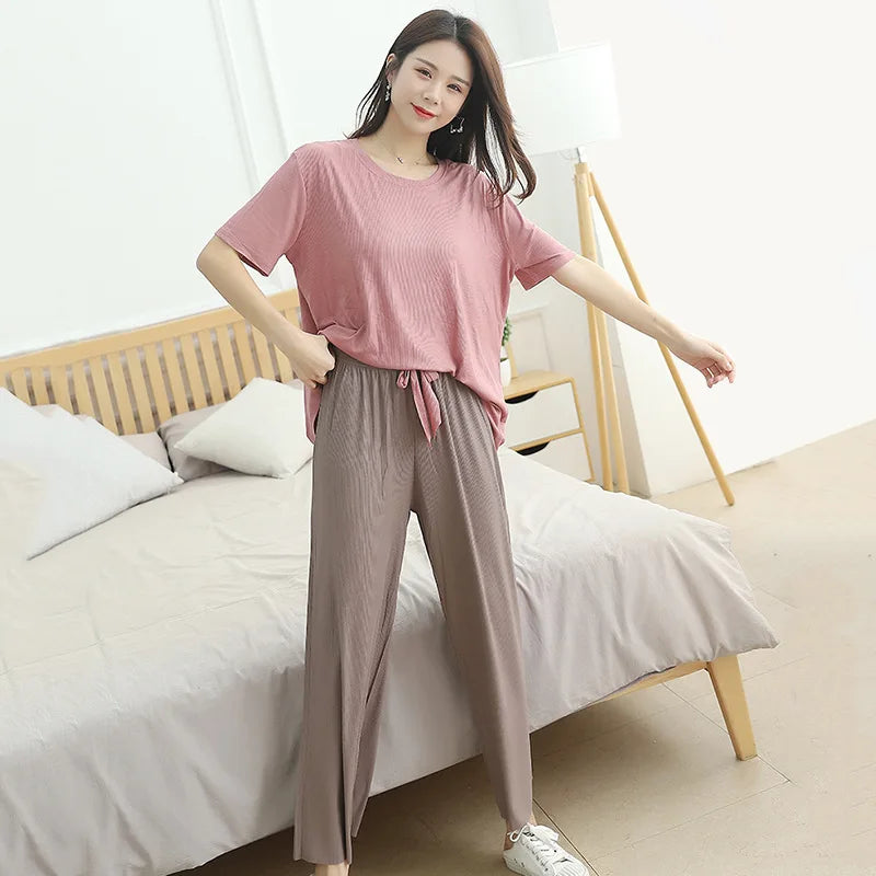 New style ribbed cotton plus size, ladies summer suit pajamas short-sleeved trousers, home service suit female pink