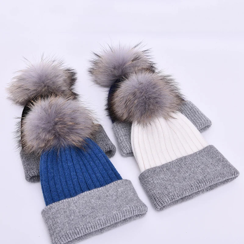 Women Winter, Fur Ball Cap, Cashmere Hats Beanie Cap,Woman Female Warm, Rabbit Fur Blend Knitted Fur  Hat Caps