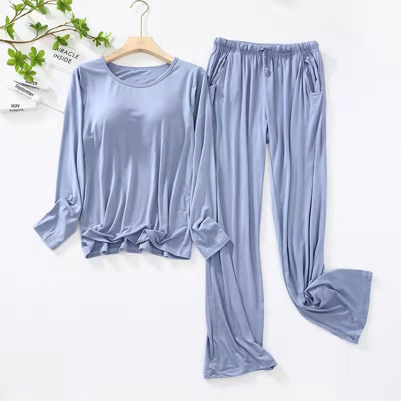 New  Pajamas Women's Autumn Winter Sleepwear Long-Sleeved Trousers Set Bra Cup Comfortable Home