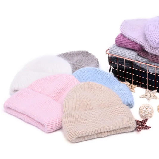 Women's Hat Real Rabbit Fur, Beanie Ladies Autumn Winter ,Cashmere Hats ,Three Fold Thick Knitted,Girls Skullies Beanies Cap