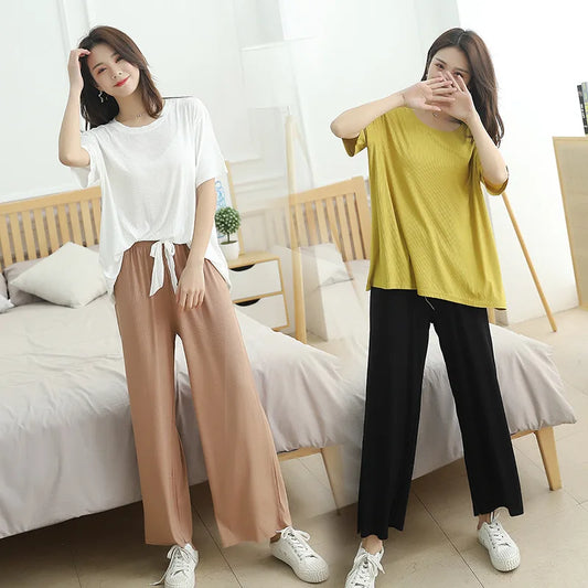 New style ribbed cotton plus size, ladies summer suit pajamas short-sleeved trousers, home service suit female pink