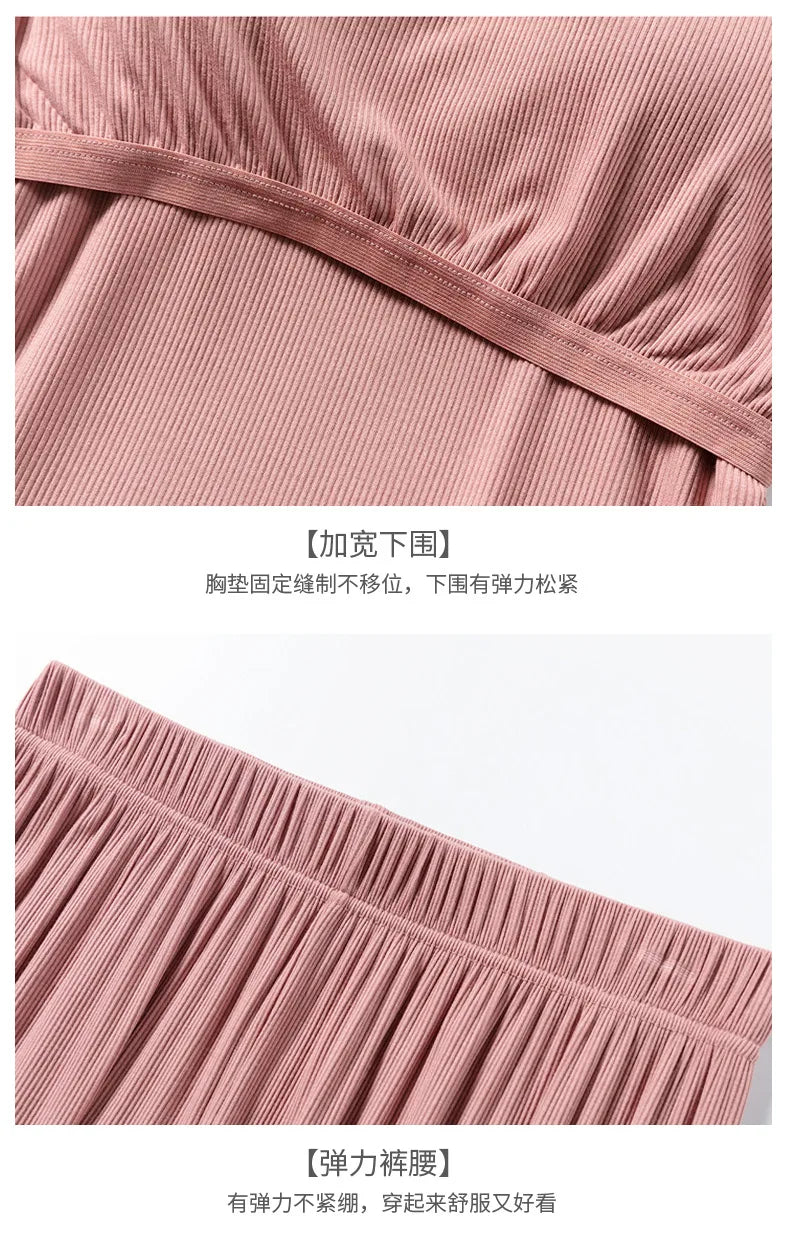 NEW Spring and Autumn New Women's Modal Threaded Pajamas Long Sleeve Long Pants with Chest Pad Large Size Home Service Two-piece Set