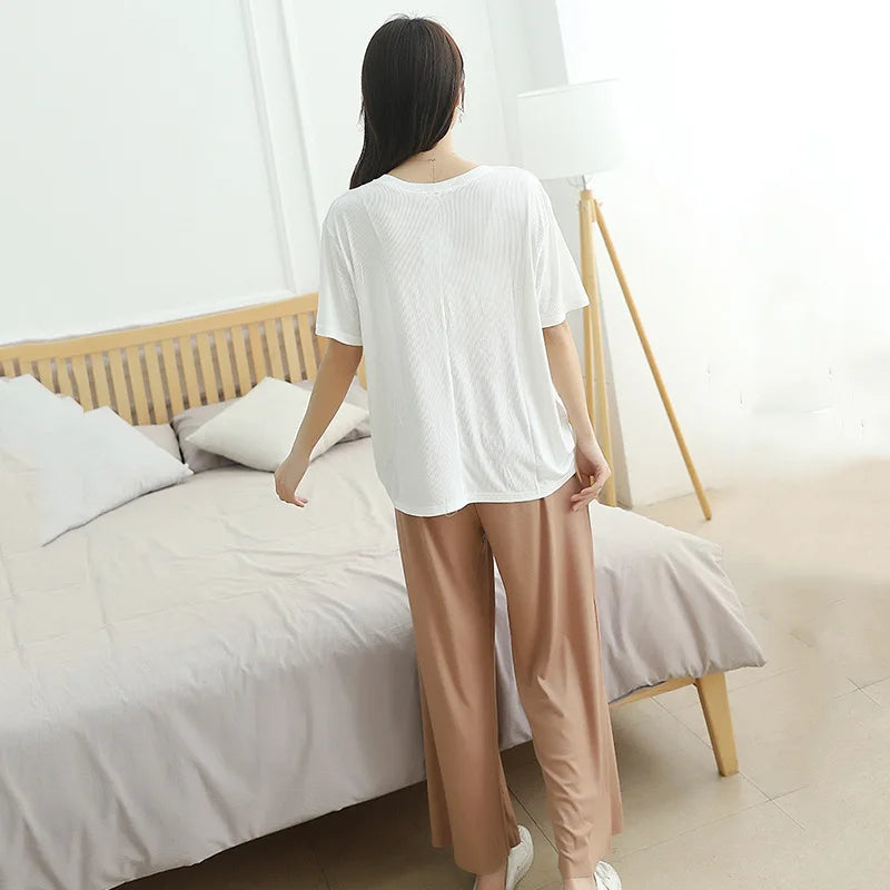 New style ribbed cotton plus size, ladies summer suit pajamas short-sleeved trousers, home service suit female pink