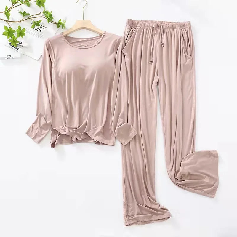 New  Pajamas Women's Autumn Winter Sleepwear Long-Sleeved Trousers Set Bra Cup Comfortable Home