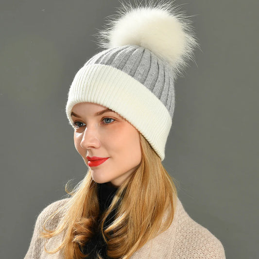 Women Winter, Fur Ball Cap, Cashmere Hats Beanie Cap,Woman Female Warm, Rabbit Fur Blend Knitted Fur  Hat Caps