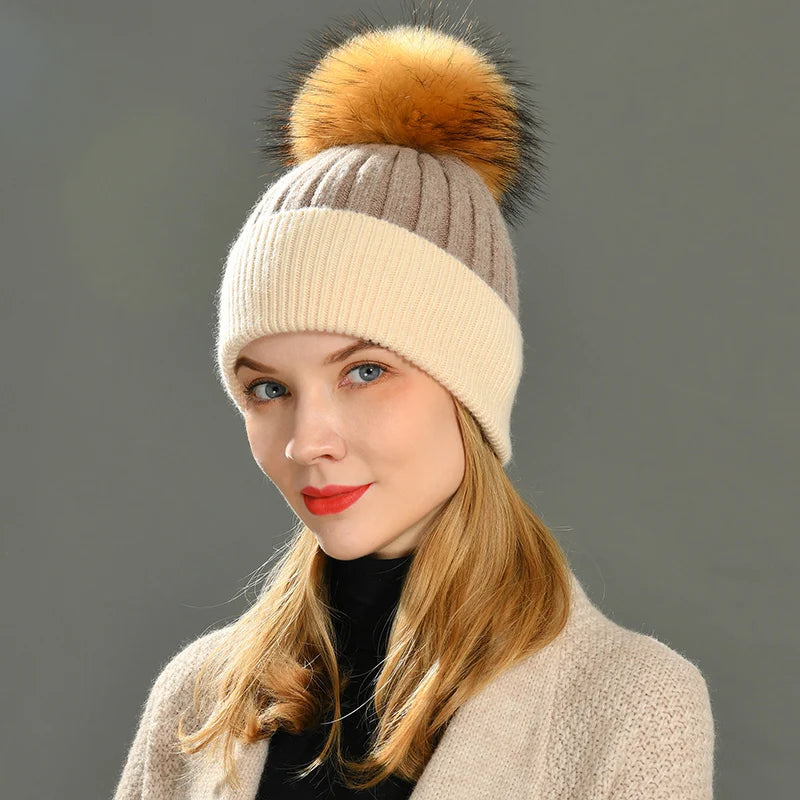 Women Winter, Fur Ball Cap, Cashmere Hats Beanie Cap,Woman Female Warm, Rabbit Fur Blend Knitted Fur  Hat Caps