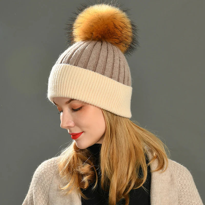 Women Winter, Fur Ball Cap, Cashmere Hats Beanie Cap,Woman Female Warm, Rabbit Fur Blend Knitted Fur  Hat Caps