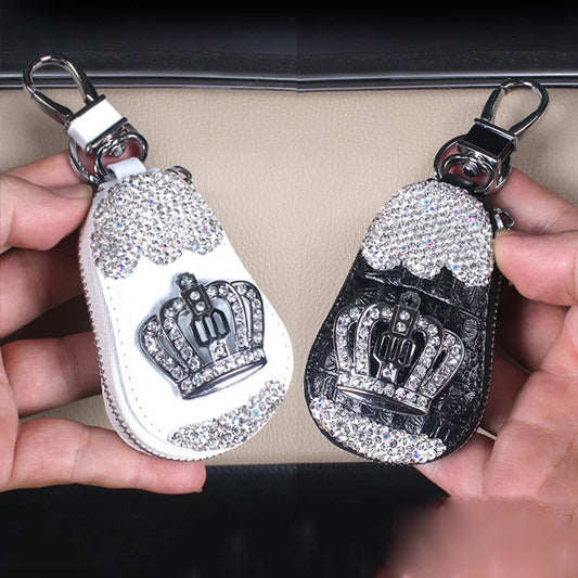 New Crown Shape Black Crocodile Leather Car Key Holder Auto Keychain Protector Cover Case with Crystal