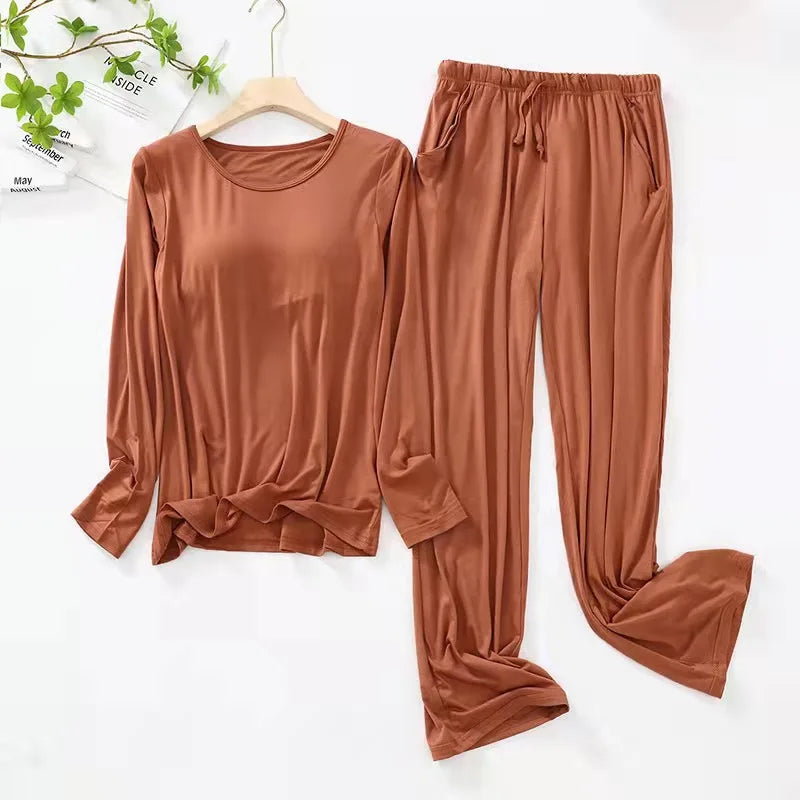 New  Pajamas Women's Autumn Winter Sleepwear Long-Sleeved Trousers Set Bra Cup Comfortable Home