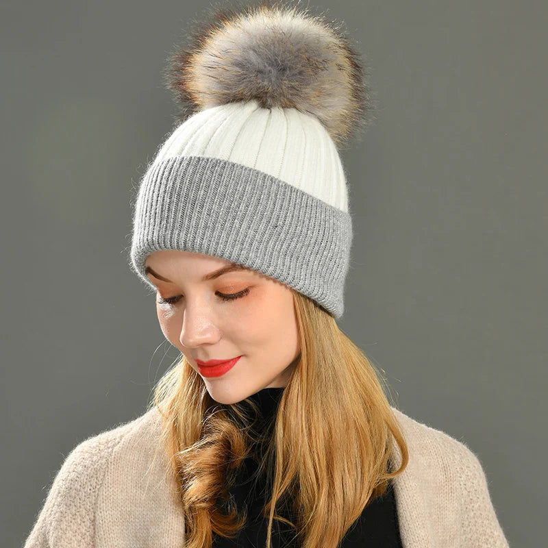 Women Winter, Fur Ball Cap, Cashmere Hats Beanie Cap,Woman Female Warm, Rabbit Fur Blend Knitted Fur  Hat Caps