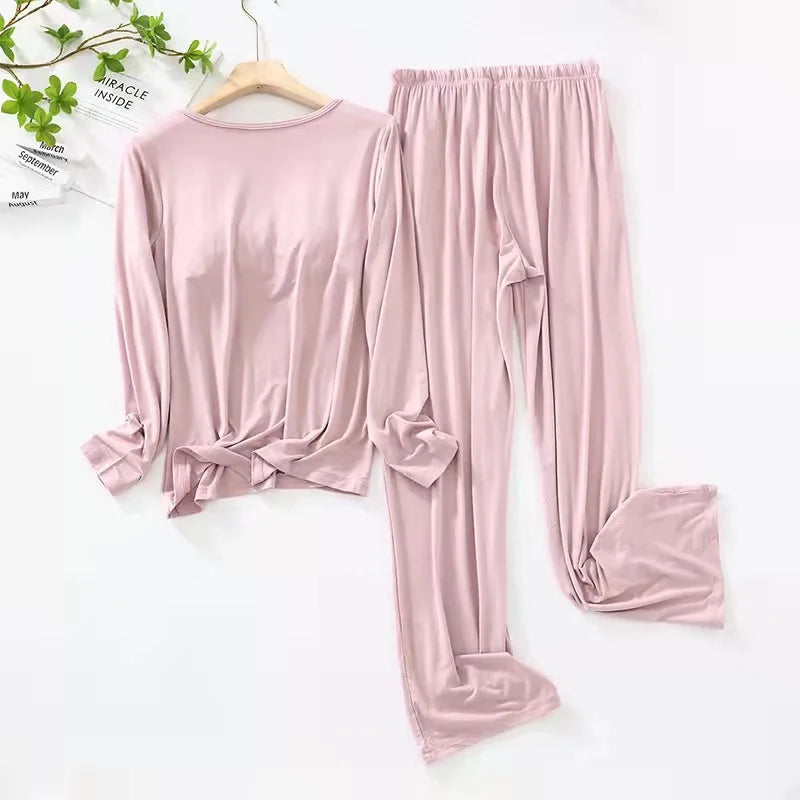 New  Pajamas Women's Autumn Winter Sleepwear Long-Sleeved Trousers Set Bra Cup Comfortable Home