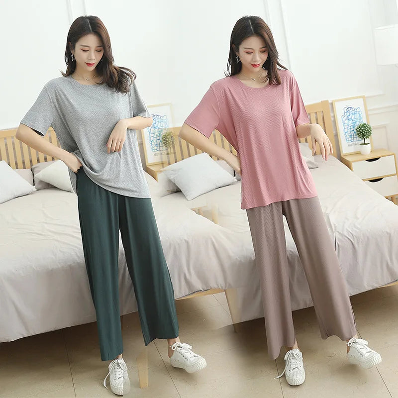 New style ribbed cotton plus size, ladies summer suit pajamas short-sleeved trousers, home service suit female pink