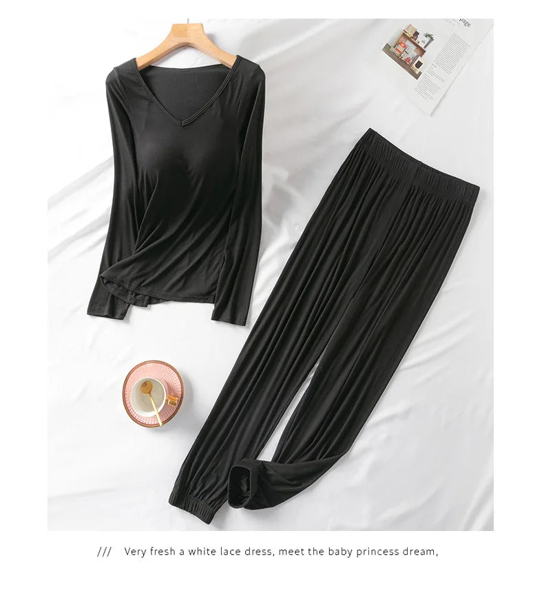 NEW Spring and Autumn New Women's Modal Threaded Pajamas Long Sleeve Long Pants with Chest Pad Large Size Home Service Two-piece Set