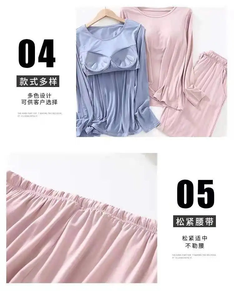 New  Pajamas Women's Autumn Winter Sleepwear Long-Sleeved Trousers Set Bra Cup Comfortable Home