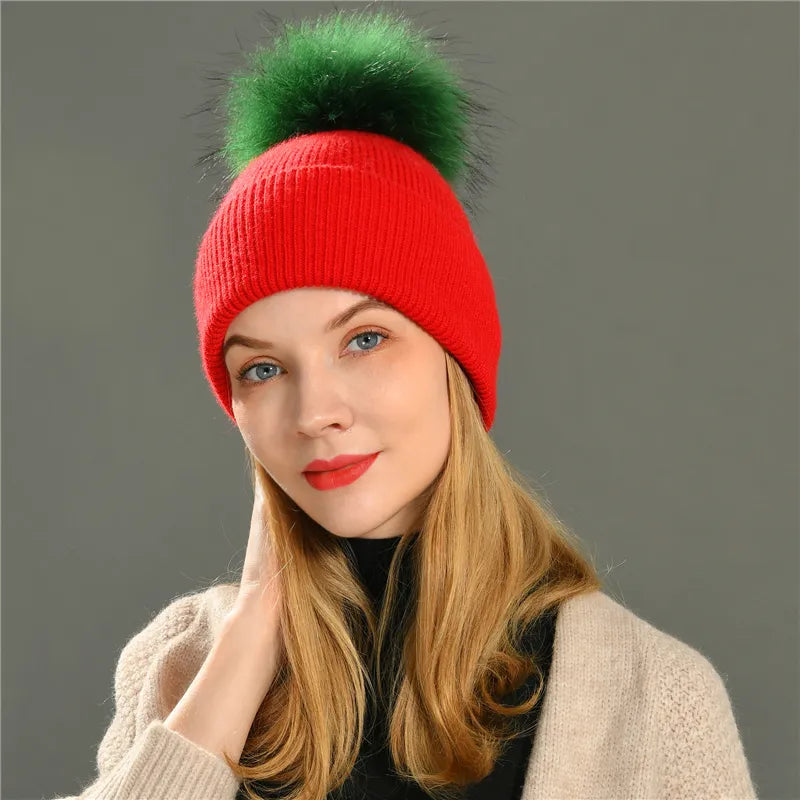 New Women's Hat Winter Beanie Knitted, Hat Angora, Rabbit Fur, Bonnet Girl 's Hat Fall ,Female Cap with Fur