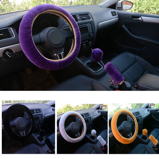 3pcs Luxury Car Steering Wheel Cover Universal Steering Wheel Cover Winter Faux Fur Handmade Car Interior Handbrake Cover