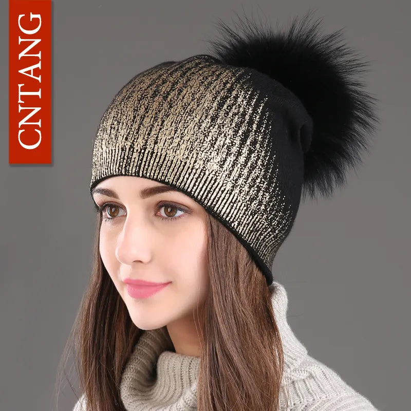 New Winter Beanies Ladies, Knitted Wool ,Warm Hats,  Real Raccoon, Fur Caps