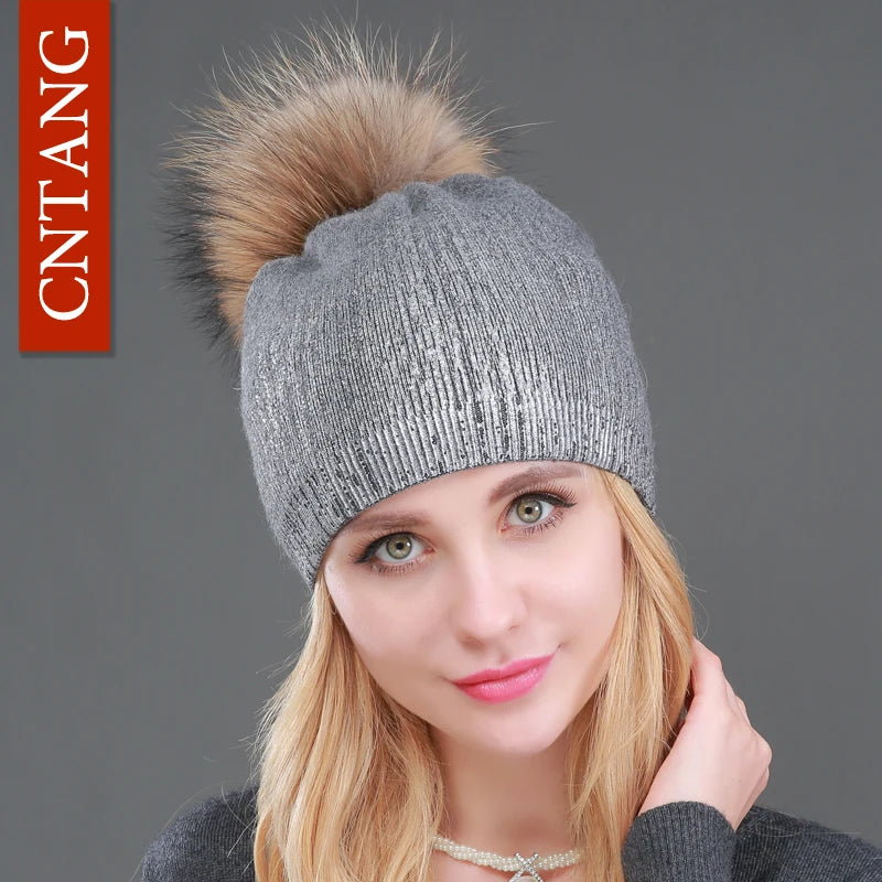 New Winter Beanies Ladies, Knitted Wool ,Warm Hats,  Real Raccoon, Fur Caps