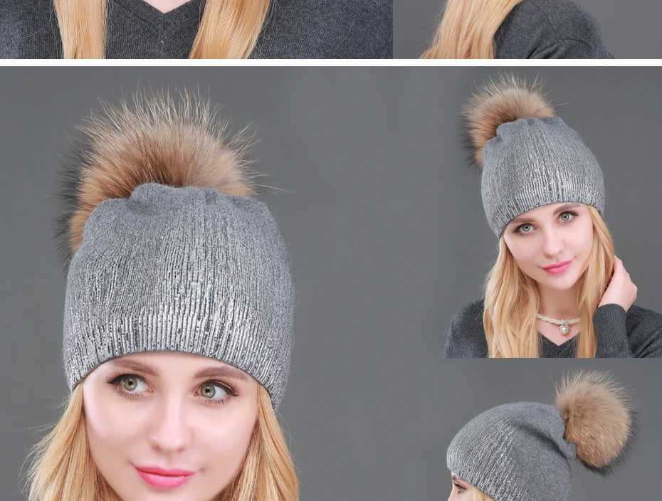 New Winter Beanies Ladies, Knitted Wool ,Warm Hats,  Real Raccoon, Fur Caps