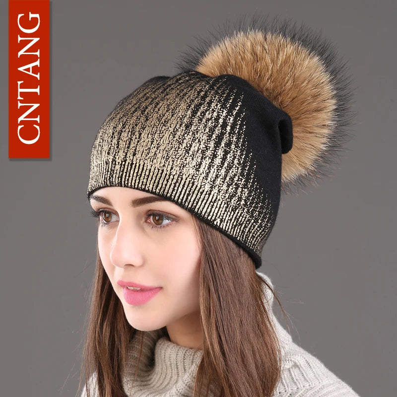 New Winter Beanies Ladies, Knitted Wool ,Warm Hats,  Real Raccoon, Fur Caps