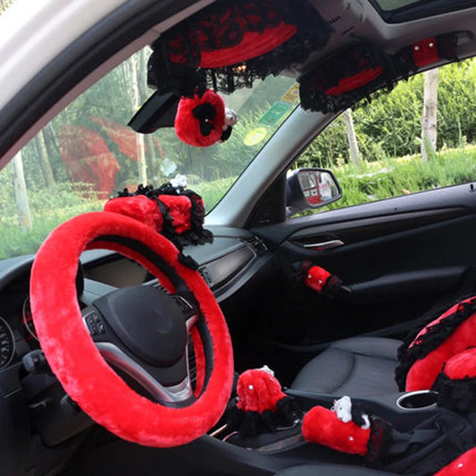 Plush Car Steering Wheel Cover Seat Belt Shifter Hand Brake Covers Set Armrest Hanging Pillow Tissue Box Neck Pillows