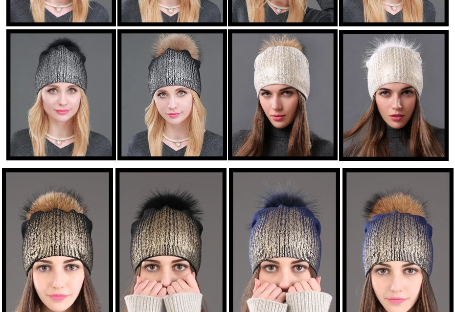 New Winter Beanies Ladies, Knitted Wool ,Warm Hats,  Real Raccoon, Fur Caps