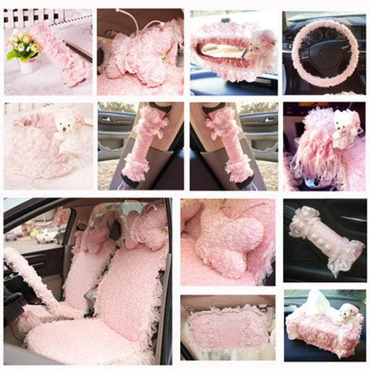 Pink Women Car Interior Decoration Accessorie Set Lace Seatbelt Shifter Hand Brake Mirror Covers Girly Auto Steering Wheel Cover