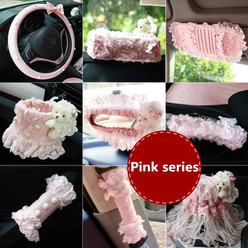 Pink Women Car Interior Decoration Accessorie Set Lace Seatbelt Shifter Hand Brake Mirror Covers Girly Auto Steering Wheel Cover