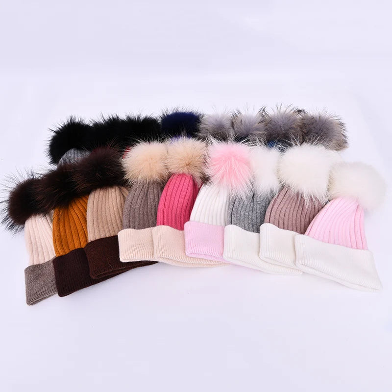 Women Winter, Fur Ball Cap, Cashmere Hats Beanie Cap,Woman Female Warm, Rabbit Fur Blend Knitted Fur  Hat Caps