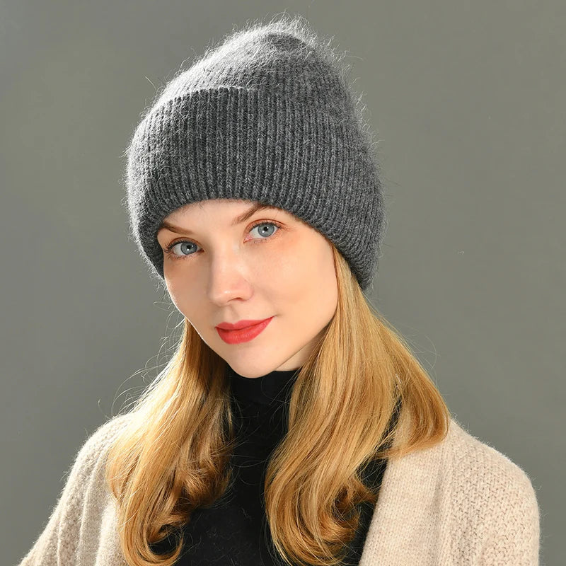 Women's Hat Real Rabbit Fur, Beanie Ladies Autumn Winter ,Cashmere Hats ,Three Fold Thick Knitted,Girls Skullies Beanies Cap