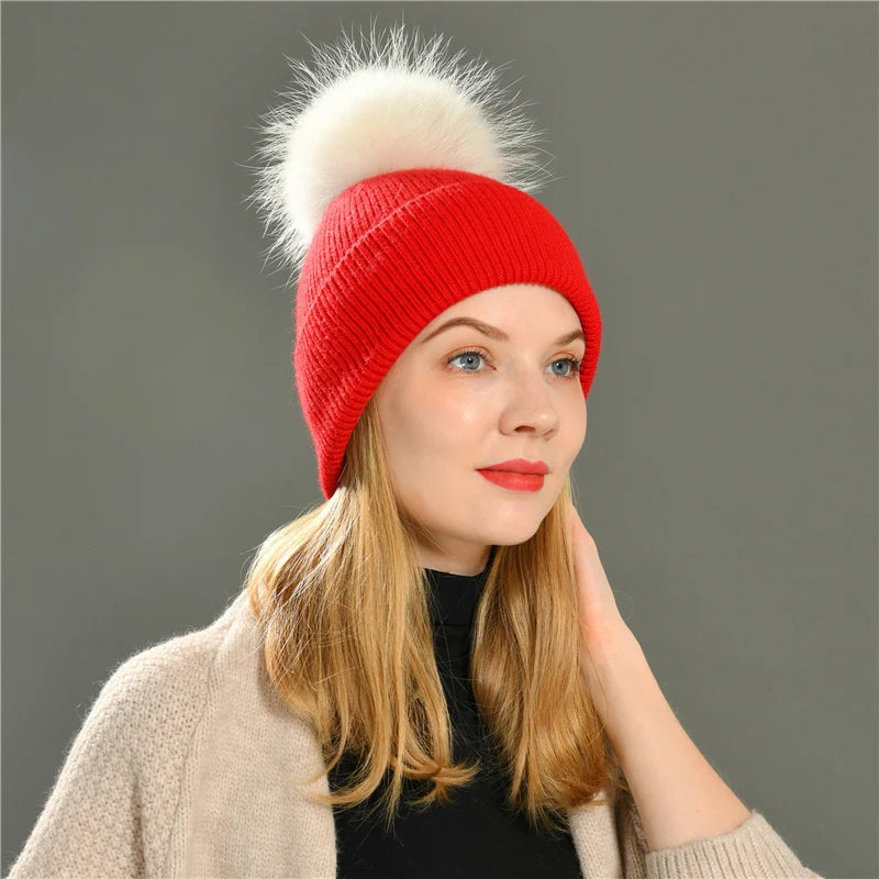 New Women's Hat Winter Beanie Knitted, Hat Angora, Rabbit Fur, Bonnet Girl 's Hat Fall ,Female Cap with Fur