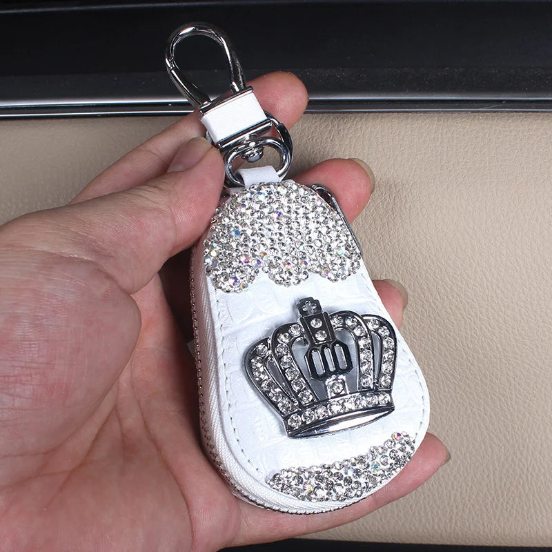 New Crown Shape Black Crocodile Leather Car Key Holder Auto Keychain Protector Cover Case with Crystal