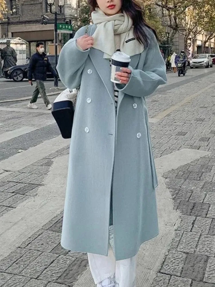 Woolen Coat Elegant  Outerwear Long Overcoat with Belted Female Warm Cloak