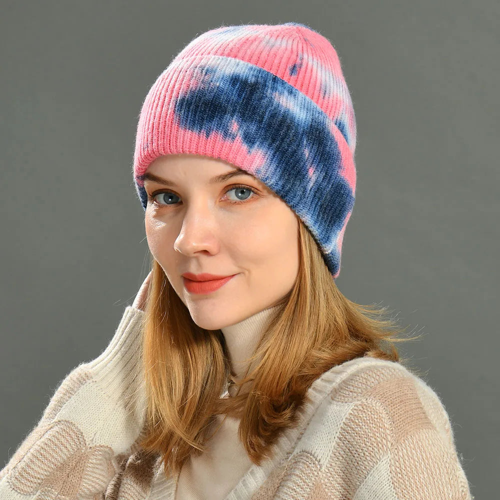 Women's Winter ,Acrylic Beanie ,Hat Fashion Tie-dye Design ,High Elasticity Autumn ,Warm Bonnet Female