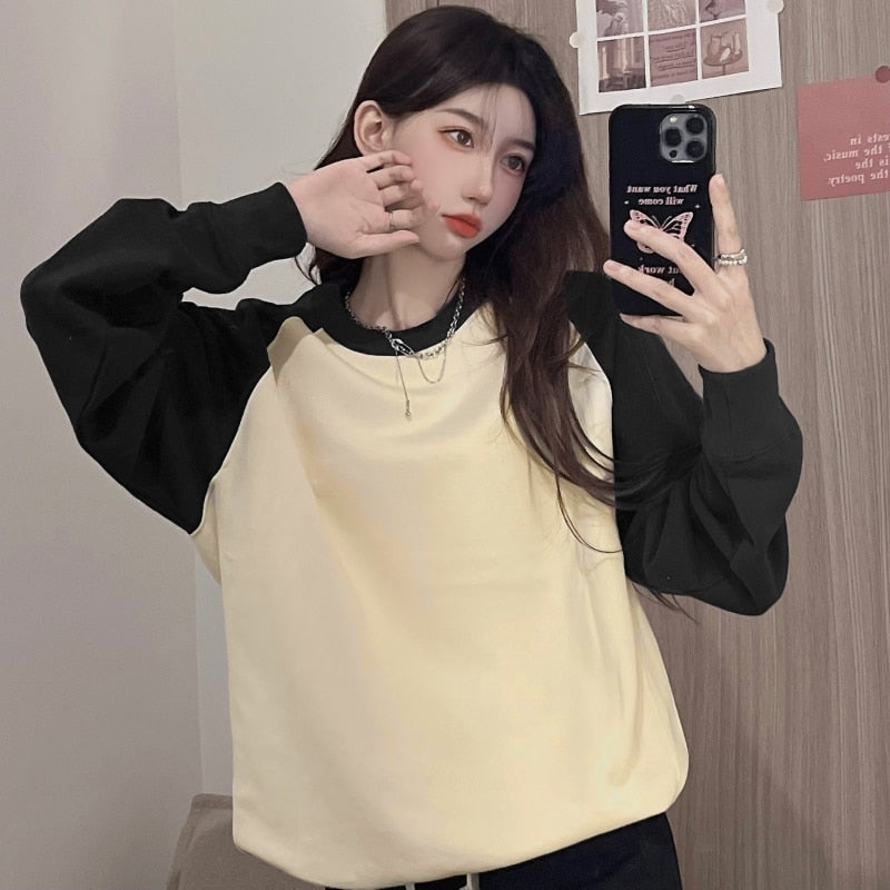 spring Autumn Hit Color Patchwork Women sweatshirt Thin oversized