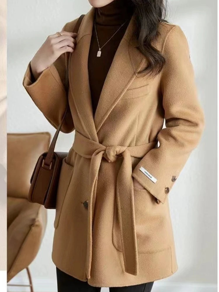 Woolen Blazer Coat Autumn Winter Baggy Casual Loose Warm  with Belted Female Fashion Chic Tops Clothes