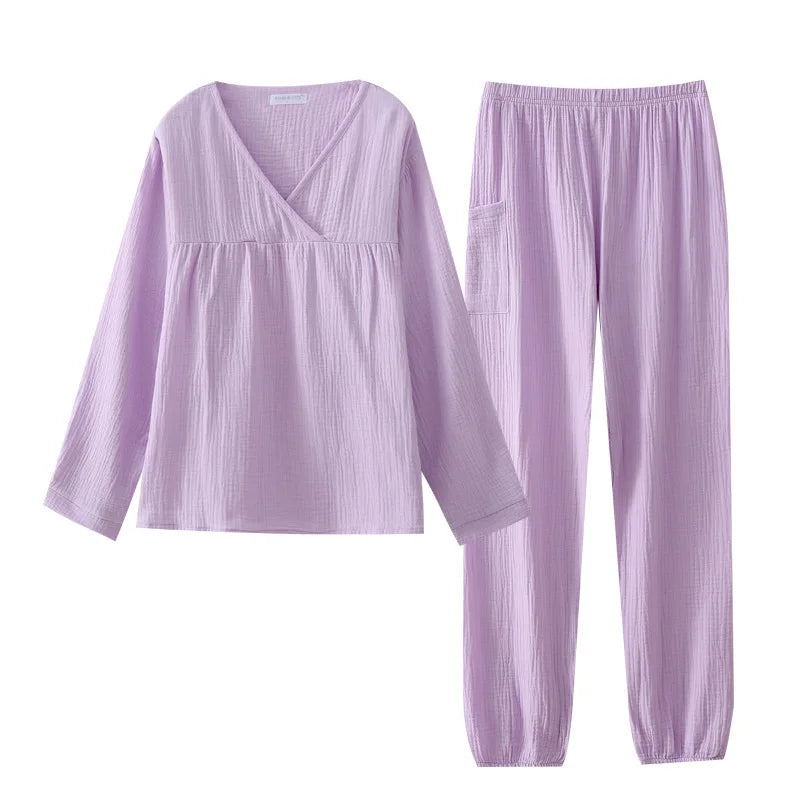 New spring and autumn ladies pajamas, long sleeve trousers ,two-piece set 100% cotton crepe V-neck ,pajamas set home wear sleepwear