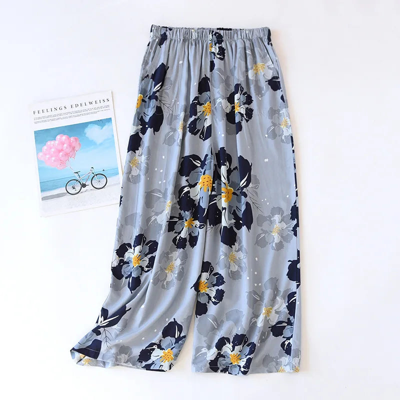 Summer new women's 100% viscose, pajama pants cropped pants thin loose wide leg pants ,home pants pajama plus size cute shorts