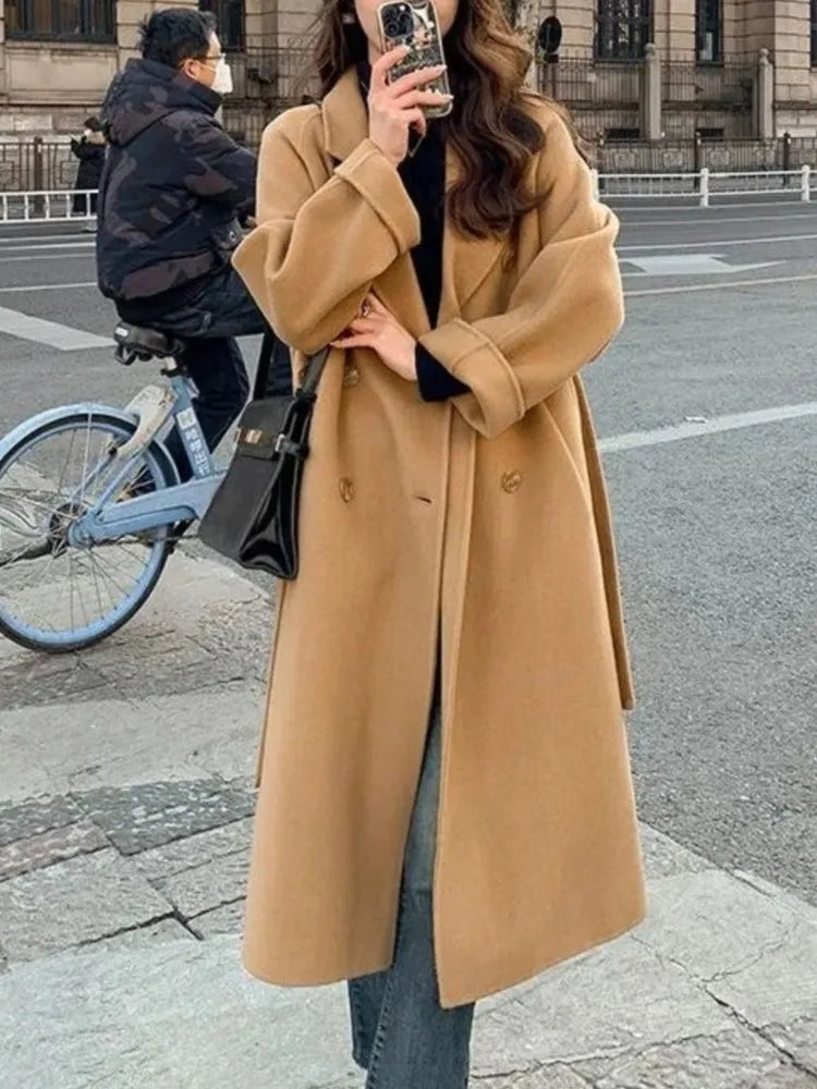 Woolen Coat Elegant  Outerwear Long Overcoat with Belted Female Warm Cloak