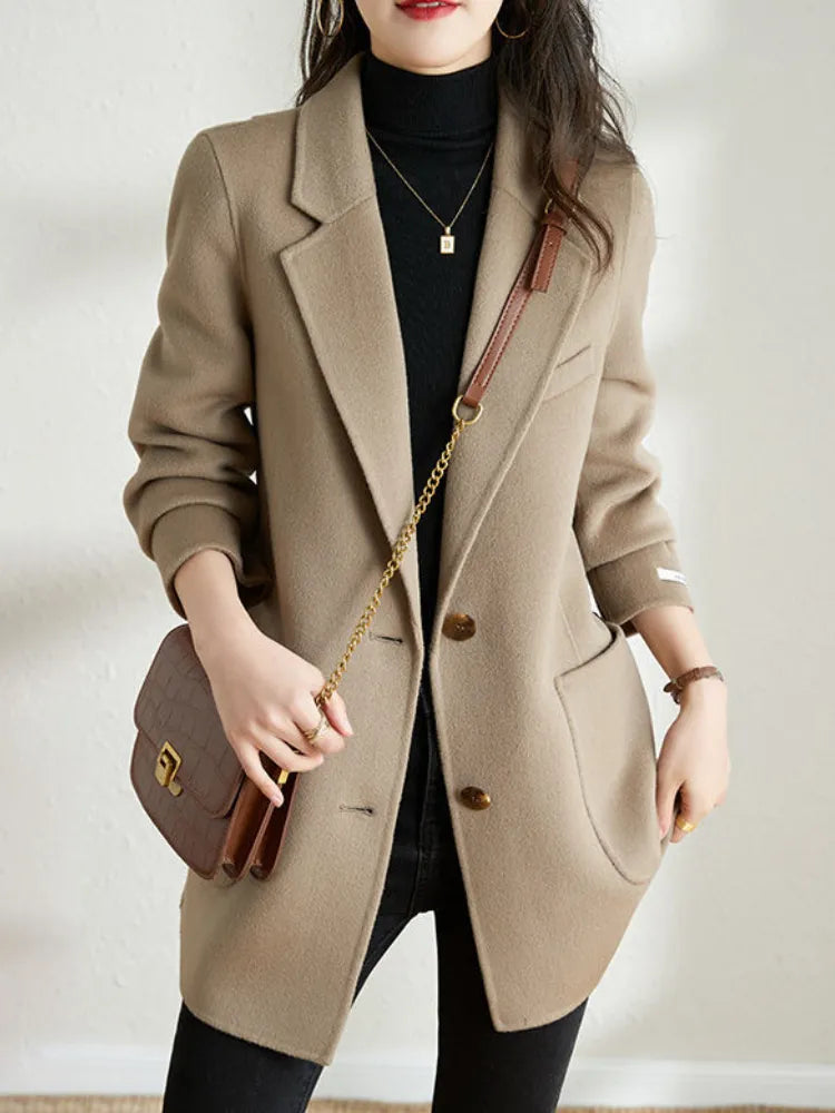 Woolen Blazer Coat Autumn Winter Baggy Casual Loose Warm  with Belted Female Fashion Chic Tops Clothes