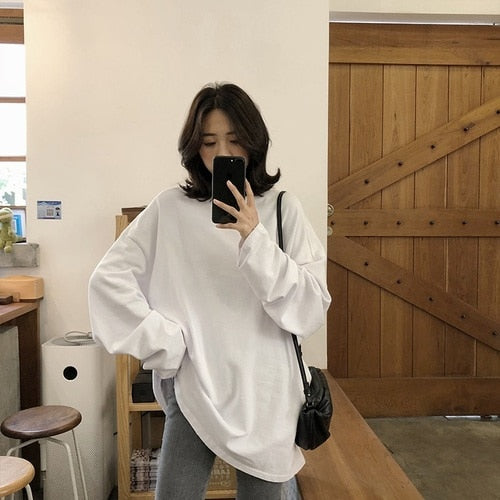 spring autumn Solid Simple oversized  T-shirts Women