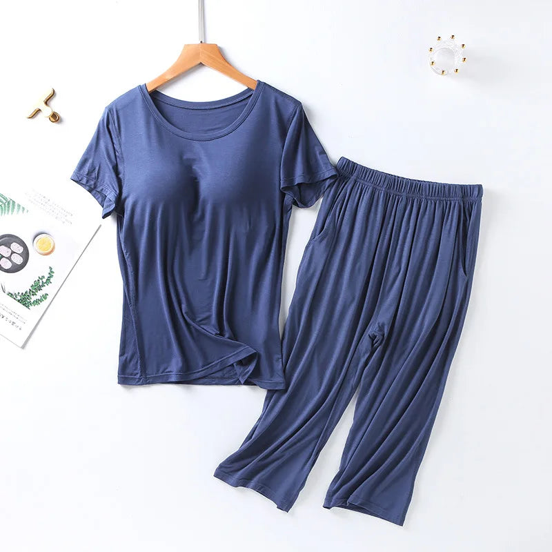 summer new ladies modal, pajamas two-piece suit with chest pad short-sleeved cropped trousers, plus size home service set