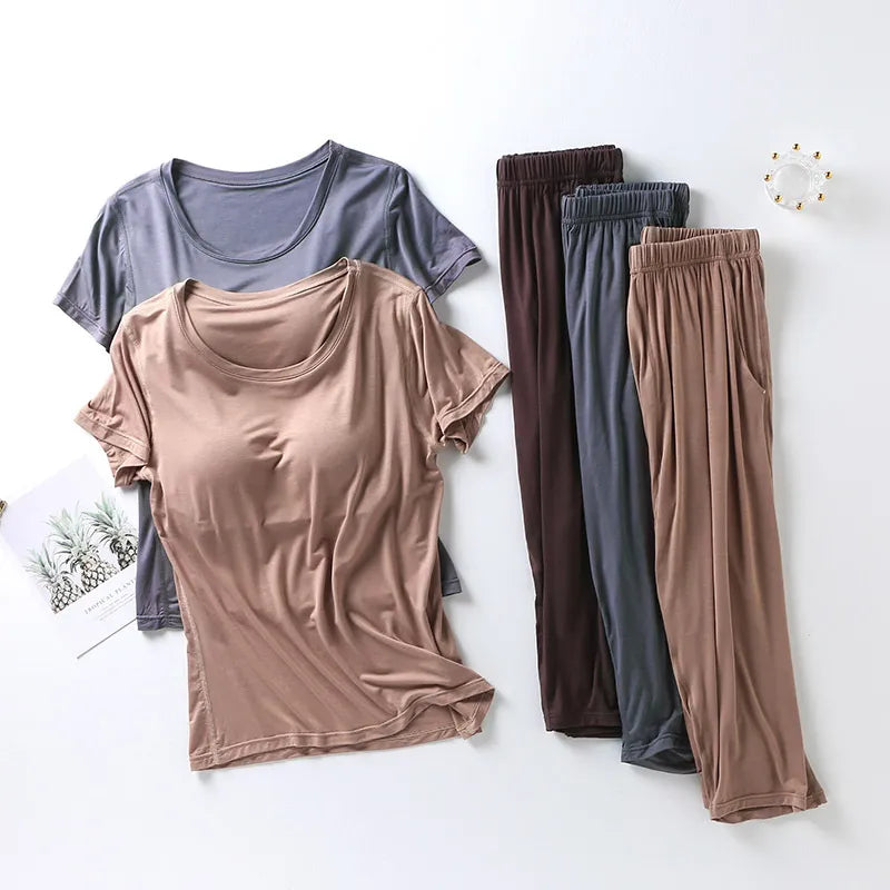 summer new ladies modal, pajamas two-piece suit with chest pad short-sleeved cropped trousers, plus size home service set