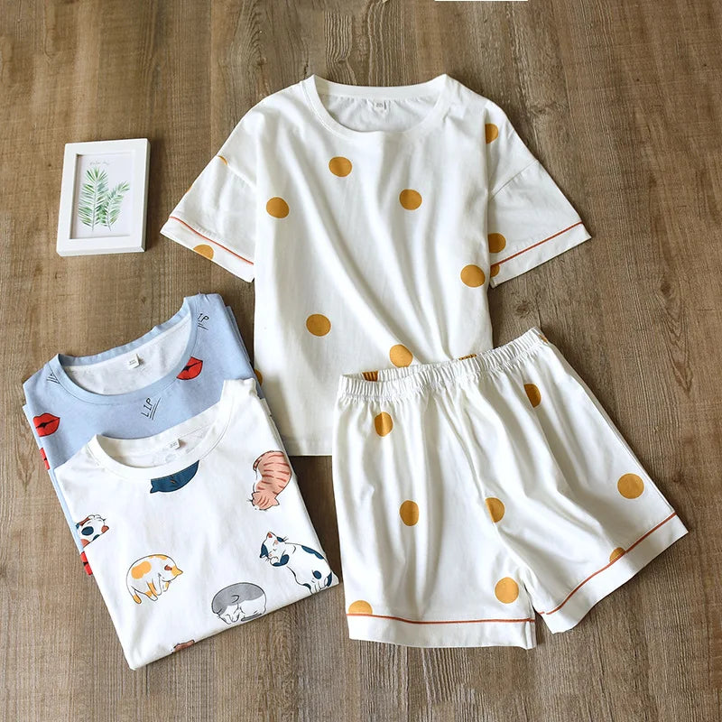 Women's 100% cotton short-sleeved shorts in summer, pajamas cartoon summer sports and leisure, two-piece suits can be worn out