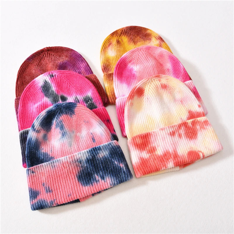 Women's Winter ,Acrylic Beanie ,Hat Fashion Tie-dye Design ,High Elasticity Autumn ,Warm Bonnet Female