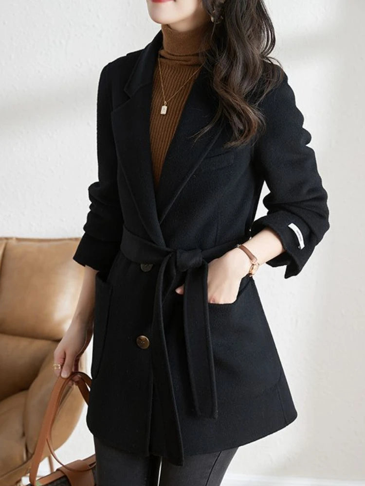 Woolen Blazer Coat Autumn Winter Baggy Casual Loose Warm  with Belted Female Fashion Chic Tops Clothes